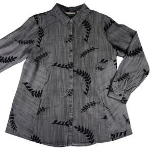 Soft Surroundings Charcoal Gray Embroidered Button Up Shirt Size Petite M
